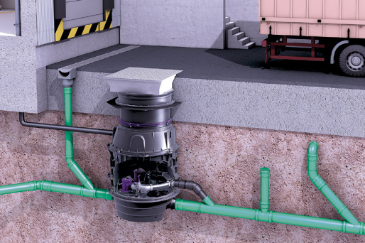 Ecolift XL Hibrit Kaldırma Sistemi Montaj Şeması Geniş dış yüzeye sahip ve Ecolift XL hibrit kaldırma sistemi aracılığıyla suyu tahliye edilen yükleme rampası.