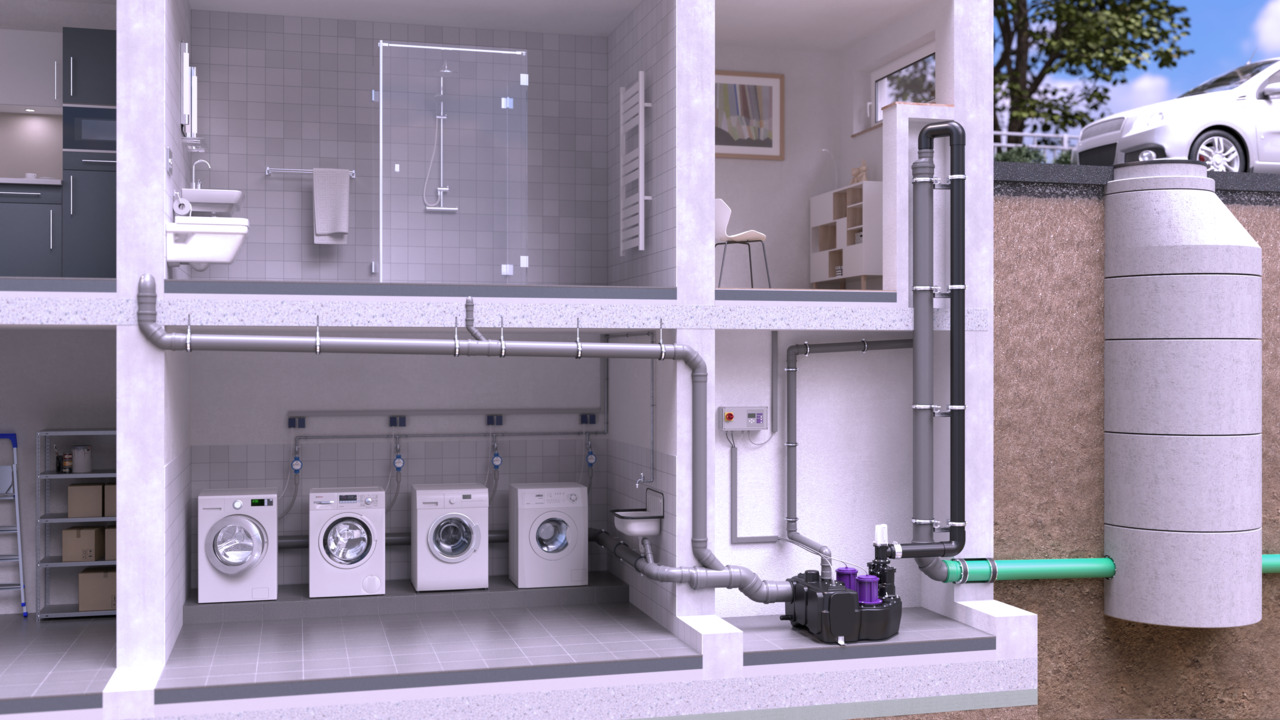 <em>Aqualift L</em> kaldırma sisteminin bir apartman binasına kurulum örneği <em>Aqualift L</em> kaldırma sisteminin bir apartman binasına kurulum örneği
