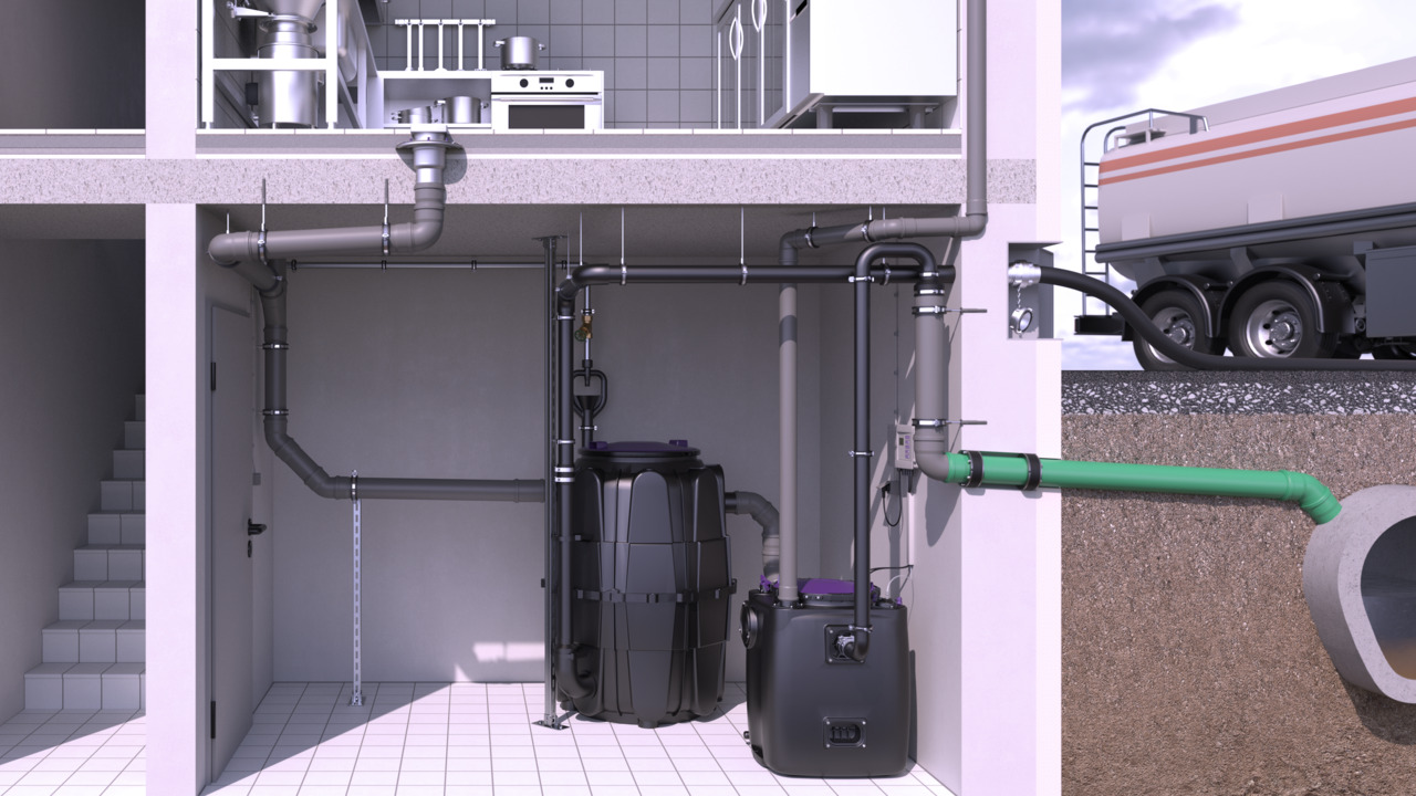 EasyClean Modular Direct yağ ayırıcısının, bodrum katında Aqualift 200 kaldırma sistemi ile birlikte kurulum örneği EasyClean Modular Direct yağ ayırıcısının, bodrum katında Aqualift 200 kaldırma sistemi ile birlikte kurulum örneği
