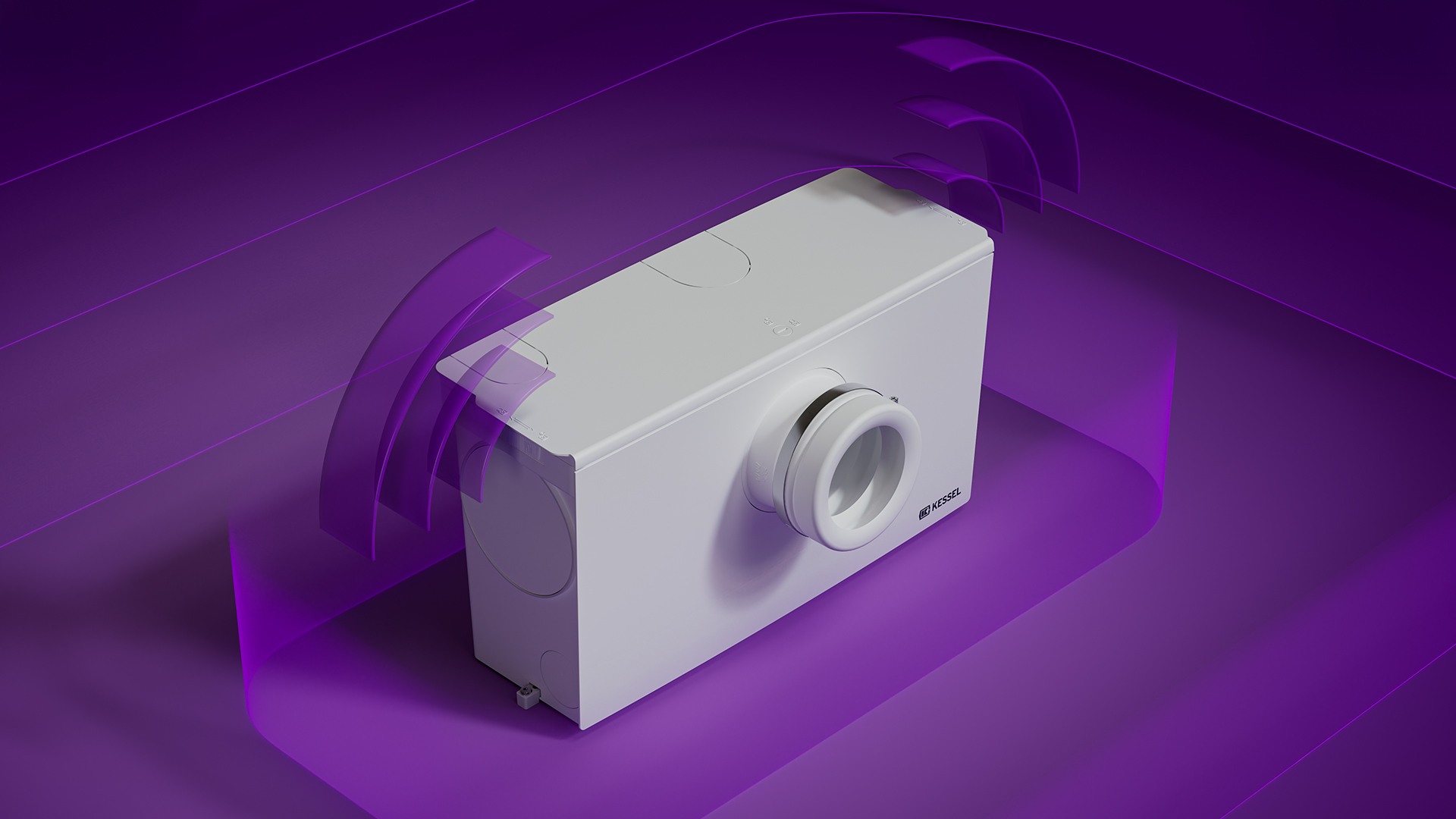 Minilift L WC tipi küçük kaldırma sistemi, şematik olarak gösterilmiş ses dalgaları ile.