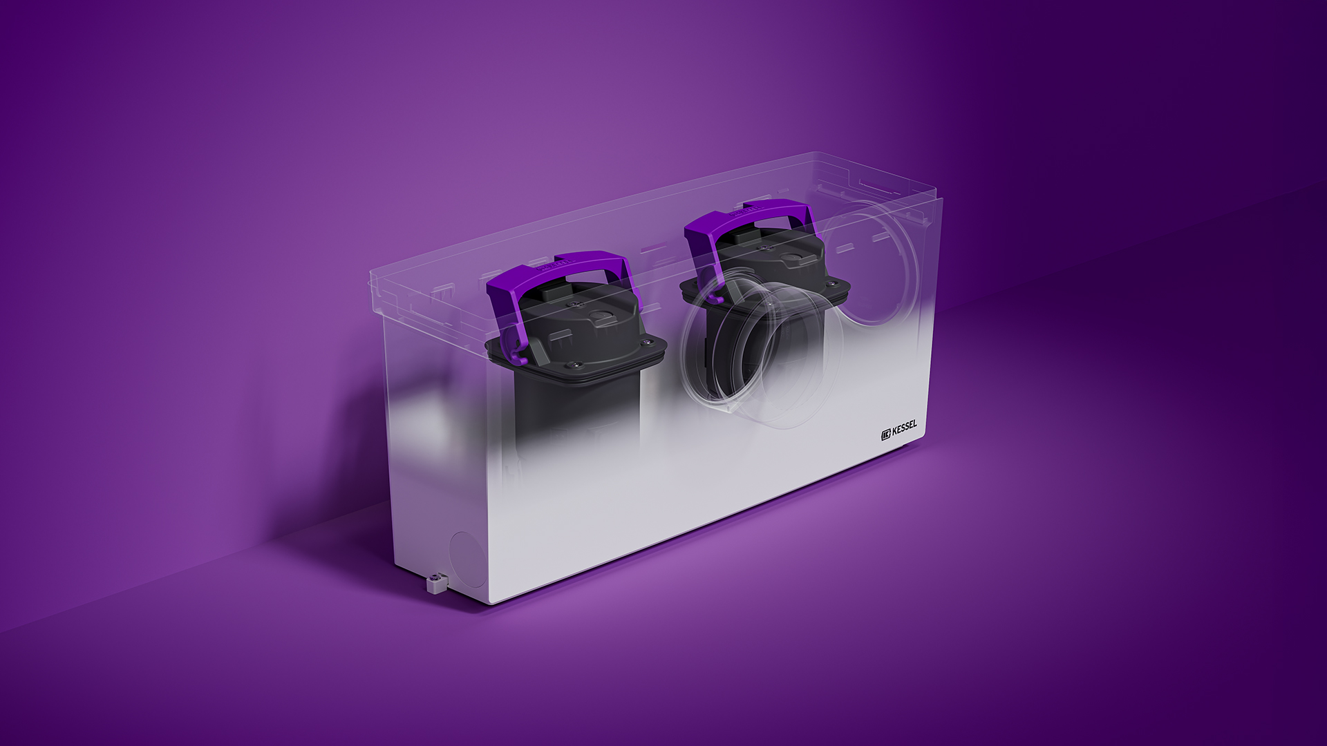 Şeffaf hazneli ve içindeki iki pompayı görebilen küçük pompa sistemi.