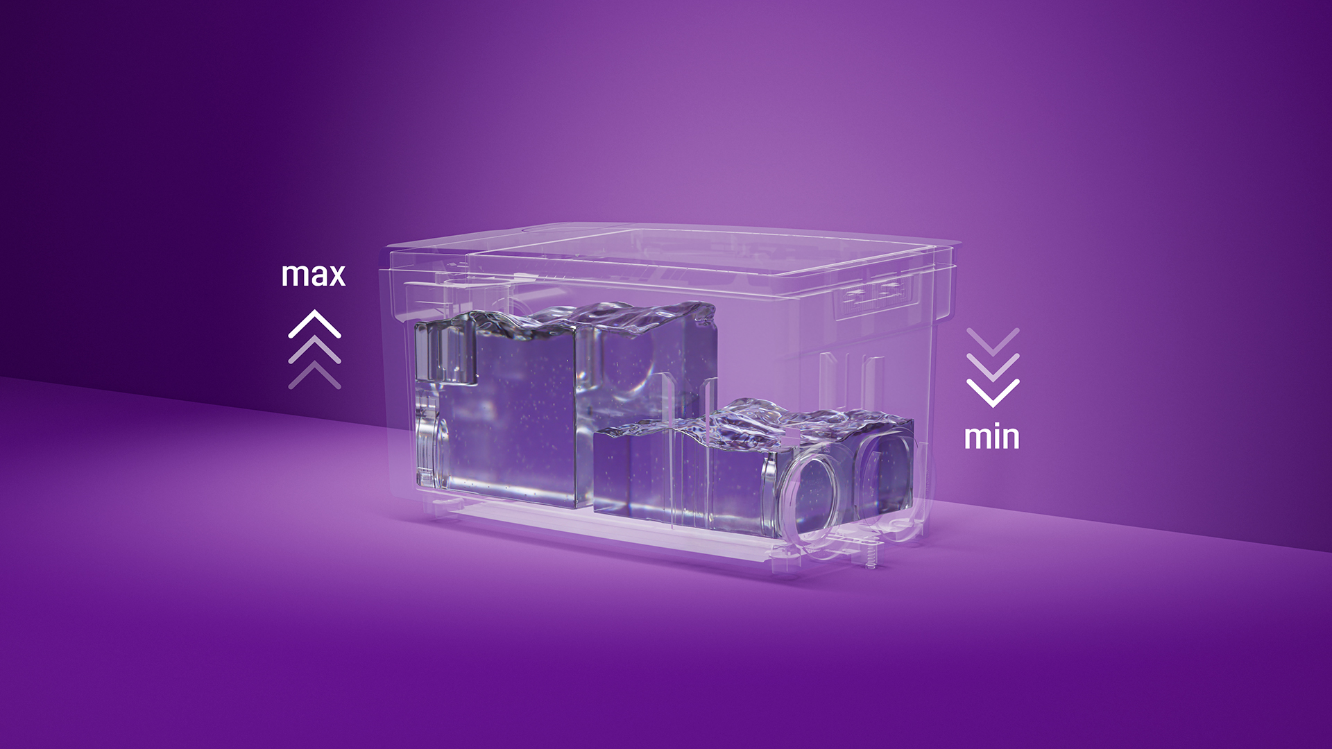 Ayarlanabilir kullanım hacmi Bir tarafında dolum seviyesi yüksek, diğer tarafında ise düşük olan bir Minilift konteynerinin gösterimi.