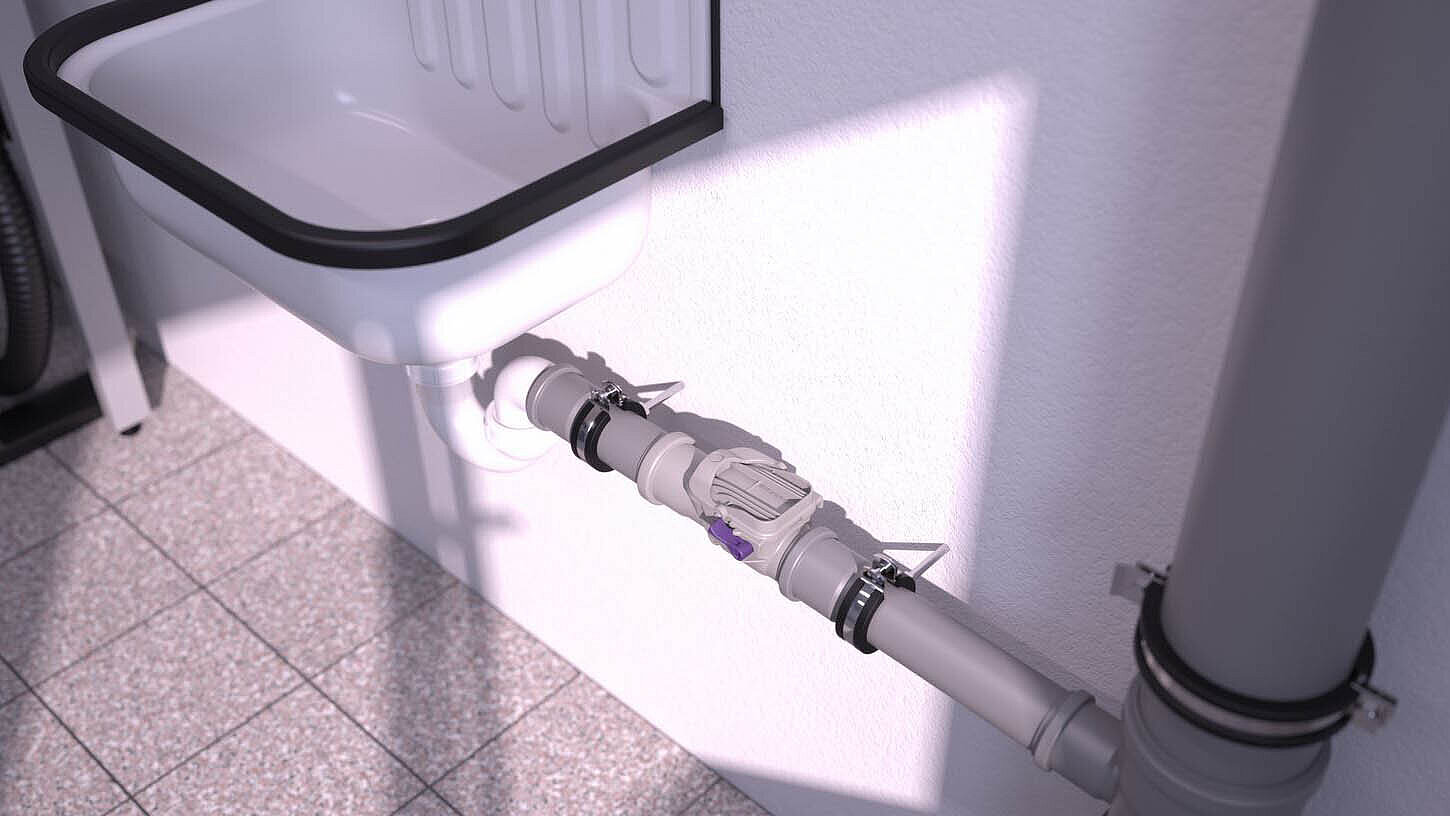 Açıkta duran atık su hattına monte Staufix DN 50 geri akış önleyici vana Açıkta duran atık su hattına monte Staufix DN 50 geri akış önleyici vana