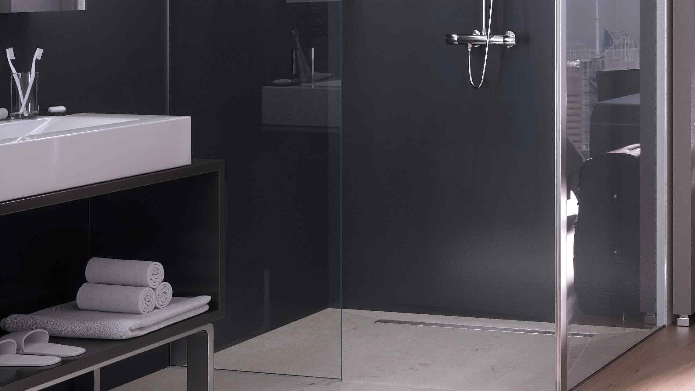 Yeni tasarlanmış bir banyo için Linearis Compact ürünümüzle lineer drenaj