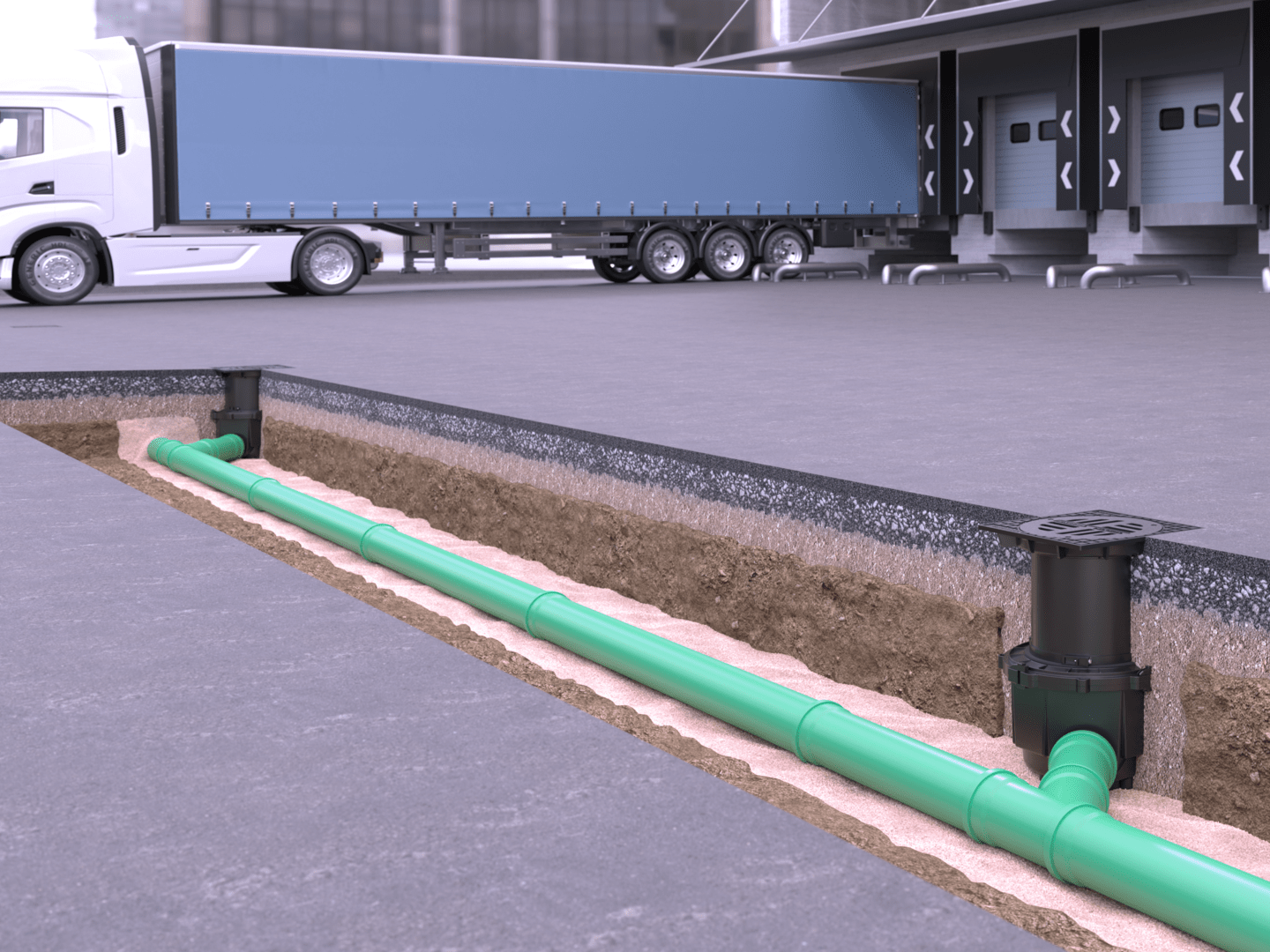 Yüksek yük sınıfları için yatay çıkışlı System 400 açık alan süzgeci için montaj şeması