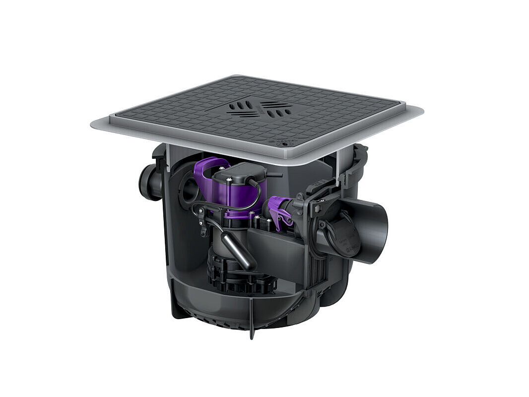 Siyah kapaklı, zemin döşemesine montaj için Pumpfix S Underfloor bodrum katı süzgeci