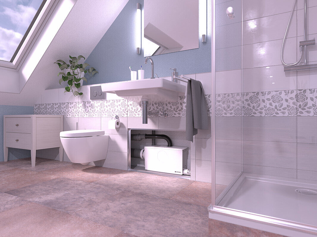 Minilift L WC mini kaldırma sisteminin, tuvalet ve duşun bağlı olduğu duvar arkası kurulumundaki detay görüntüsü