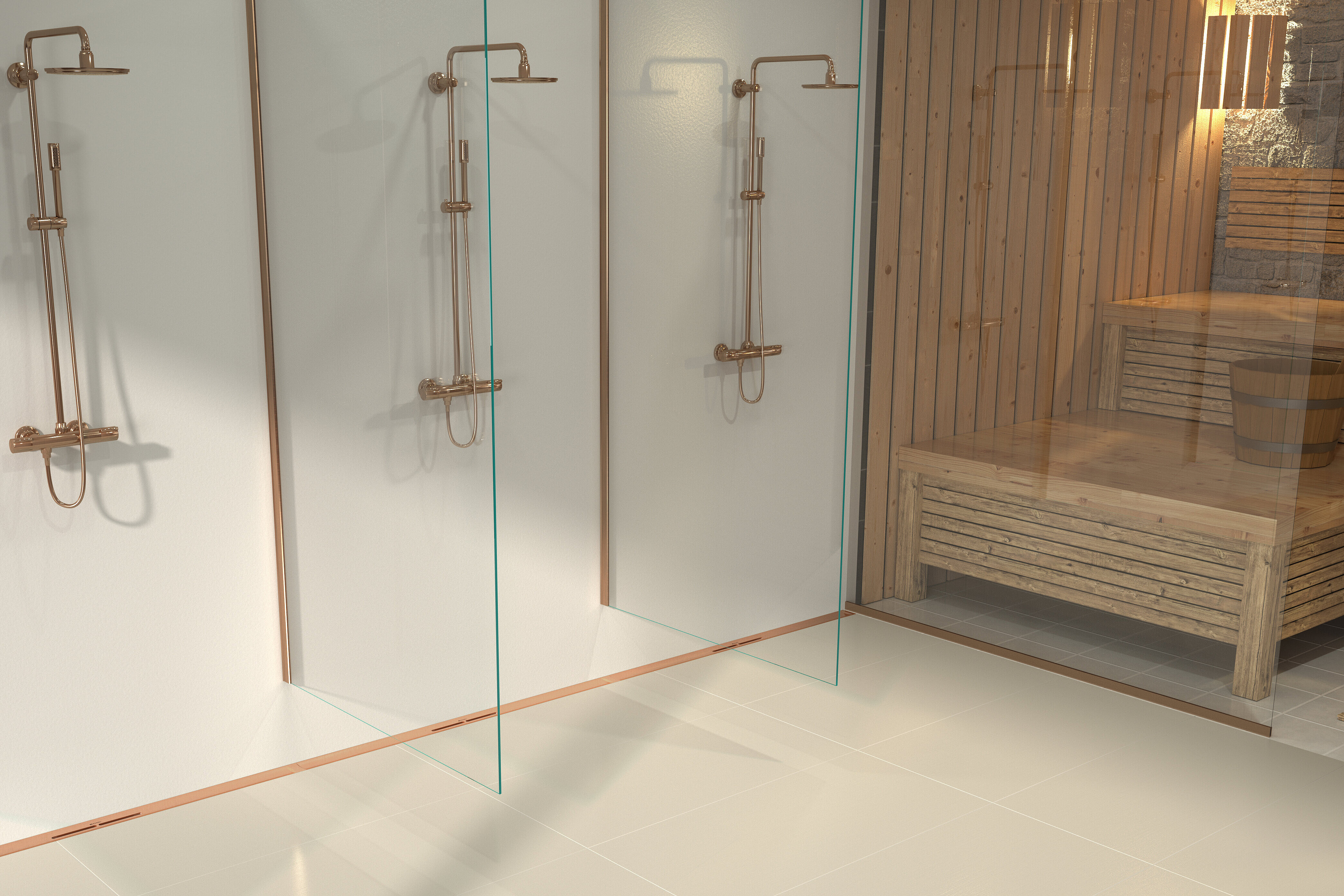 Kurulum önerisi: Sauna bulunan wellness alanında Linearis Infinity duş oluğu Kurulum önerisi: Sauna bulunan wellness alanında Linearis Infinity duş oluğu