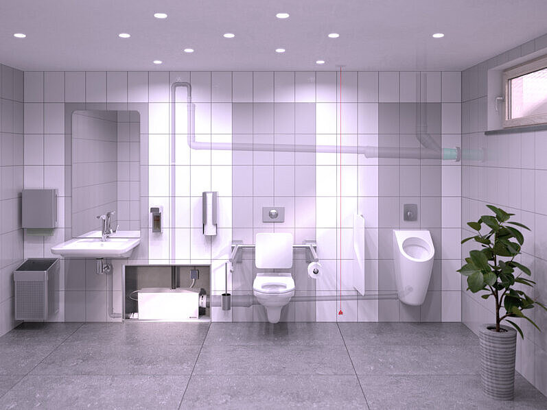Minilift L WC Duo Montaj Şeması Bodrum katında lavabo, pisuar ve tuvalet bulunan banyo; bu tesisat, duvar arkasındaki küçük bir pompa sistemi aracılığıyla tahliye edilmektedir.