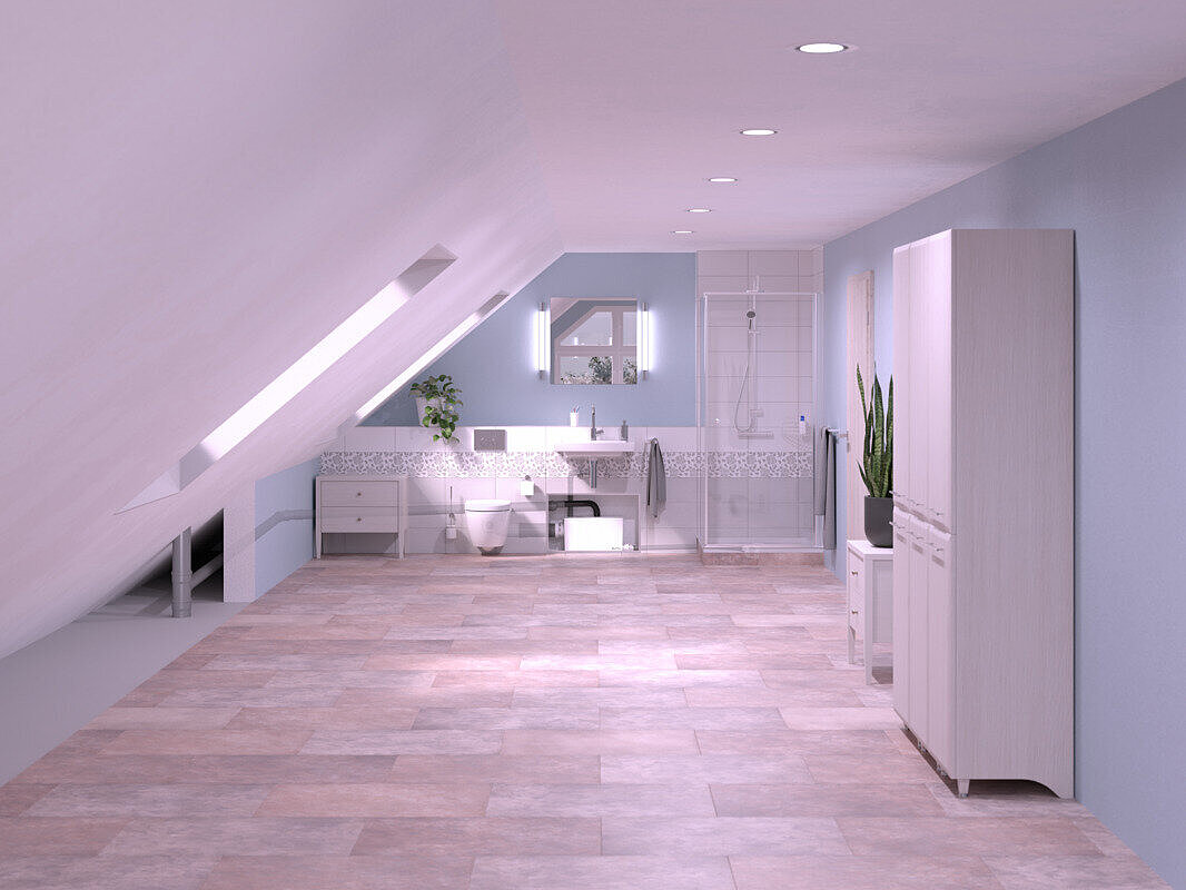 Minilift L WC montaj şeması Duş, lavabo ve tuvalet bulunan eğimli tavanlı bir banyoda Minilift L WC mini kaldırma sisteminin kurulum gösterimi. Minilift L WC mini kaldırma sistemi bir dolap içine monte edilmiştir.