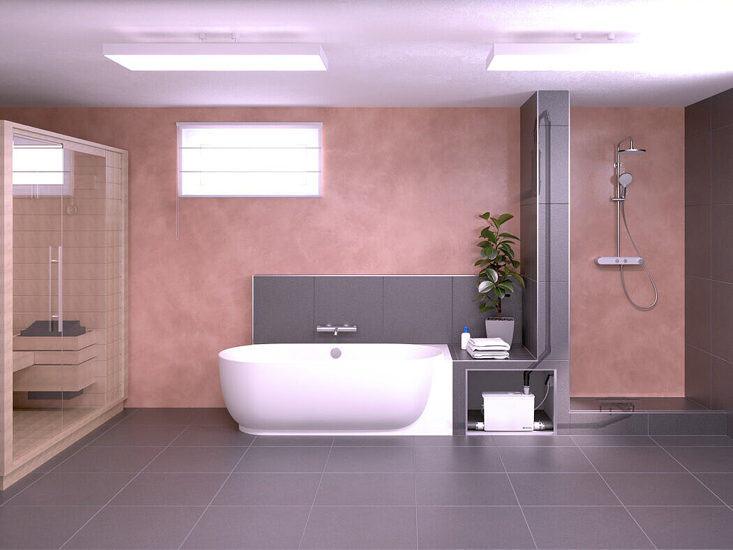 Minilift M Küçük Kaldırma Sistemi Montaj Şeması Sauna, küvet ve duş bulunan bodrum katı. Drenaj tesisatı küçük bir pompa sistemine bağlıdır.