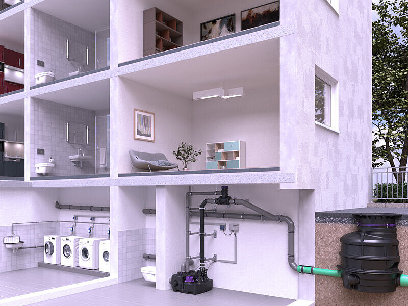 CleverVent kurulum şeması Bir apartman bloğuna kaldırma istasyonunun kurulumunu gösteren bir çizim; burada havalandırma borusu, bodrum tavanının altına monte edilmiş olan CleverVent havalandırma manifolduna bağlanıyor!